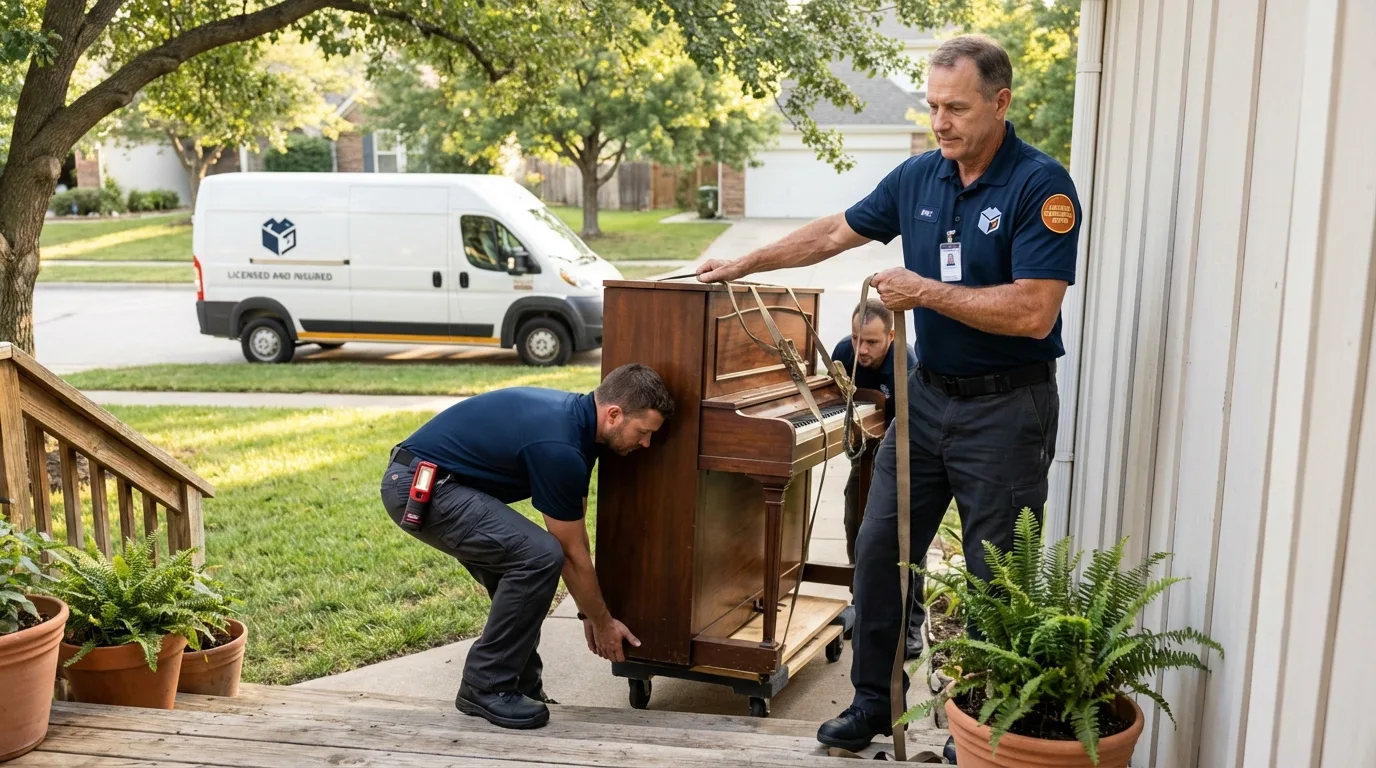 Licensed piano movers securing grand piano in Chicago, IL
