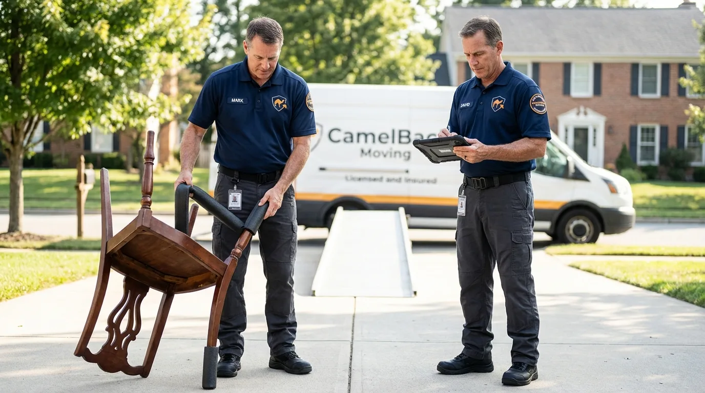Movers inspecting furniture for damage prevention before loading in Chicago, IL
