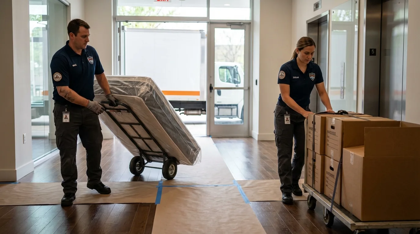 Professional apartment movers loading elevator in Chicago, IL