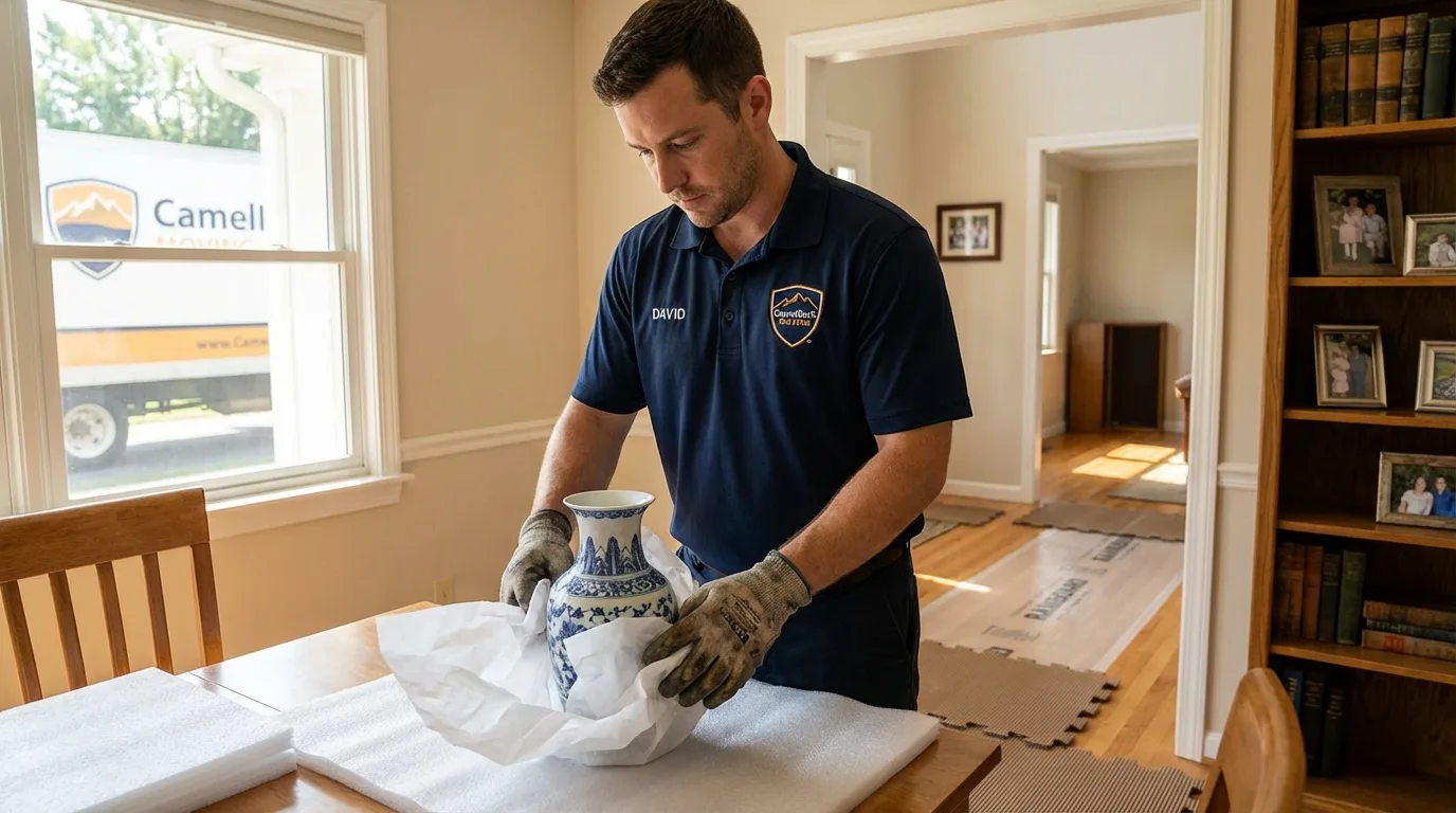 Professional crew carefully wrapping antique vase for senior downsizing move in Chicago, IL